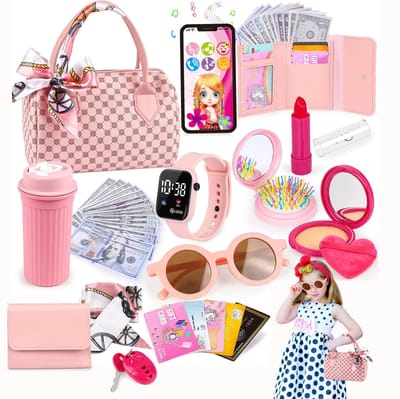 Make-up speelgoed - 31-delige speeltas - voor kleine meisjes, peutertas met nep-make-up voor kinderen, prinsessenspeelgoed inclusief handtas, telefoon, horloge en zijden sjaal. Speelgoedtas voor kinderen, verjaardagscadeau voor meisjes vanaf 3 jaar.