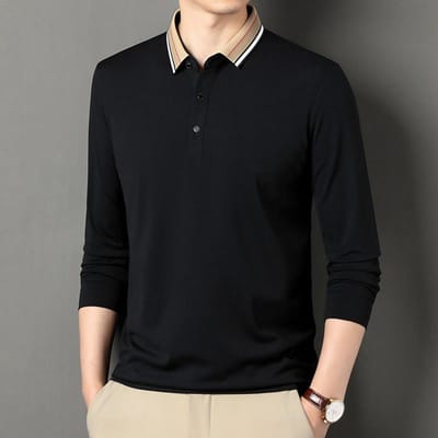 Lente en Herfst Nieuw Heren T-shirt met Lange Mouwen Effen Kleur Onderhemd Jong en Middelbaar Dunne Herenkleding Revers Los Poloshirt Mode XXXXL black