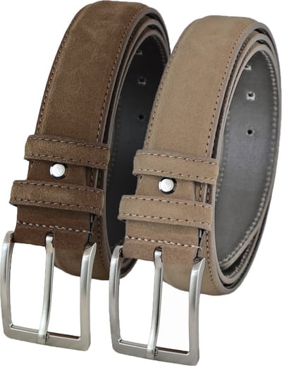 Landley Suede Pantalon Riemen Set - Suède Leren Heren Riemen Duopack - Leer - Bruin en Taupe - Lengte totaal 110 cm / Riemmaat 95