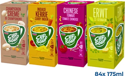 Unox Cup-a-Soup 4-Pack – 1x Indiase Kerrie, 1x Chinese Tomaat, 1x Champignon Crème, 1x Erwtensoep – 84 porties – Instantsoep – Houdbaar