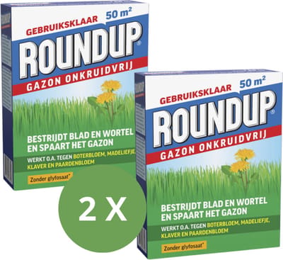 ROUNDUP® Gazon Onkruidvrij 1kg - 2 Stuks Voor 100 m2 - Bestrijdt blad en wortel en spaart het gazon - Werkt tegen o.a. botterbloem, madeliefjes, klaver en paardenbloem - Garden Select