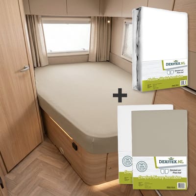 Dexitex Textielpakket Frans bed - 1 molton met 2 hoeslakens - links 1 x Wit + 1 x Zandkleur