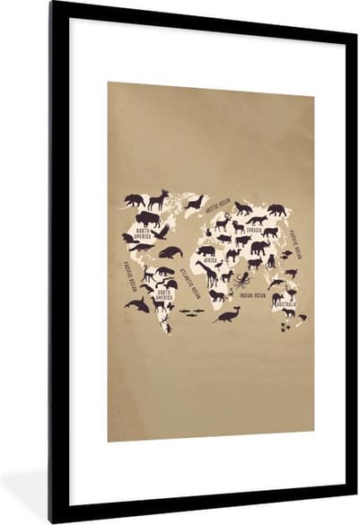 Poster in lijst - Fotolijst 80x120 cm - Posters - Wereldkaart - Retro - Dieren - Posterlijst zwart - Decoratie - Wanddecoratie woonkamer - Muurdecoratie slaapkamer