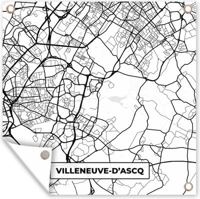 Tuin poster Plattegrond - Kaart - Frankrijk - Stadskaart - Villeneuve-D'Ascq - Zwart wit - 200x200 cm - Tuindoek