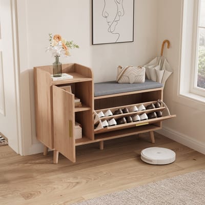 Schoenenbank met Opbergruimte – Naturel Houtlook Schoenenkast met Deur en Klep, Zitting met Grijs Kussen, 100x30x69,5 cm