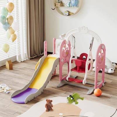 Kinderglijbaan Schommel Basketbal - Peuter Speeltoestel - Binnen en Buiten Spelen - 4-in-1 Fun - 140x118x102 cm - Roze Blauw