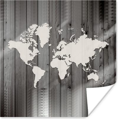 Poster 75x75 cm - Wereldkaart - Hout - Zwart - Wit - Posters - Kamer decoratie - Wanddecoratie woonkamer - Muurdecoratie slaapkamer