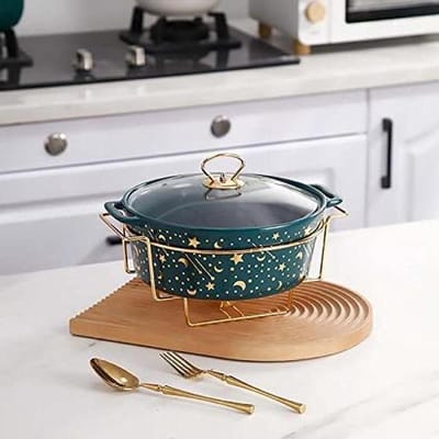 Keramiek Chafing Gerechten - Voedsel Warming Lade - Buffet Serveren - Met Glas Deksel - Volledige Grootte - Wit Groen