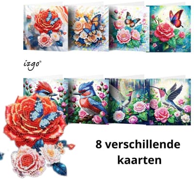 IZGO Diamond Painting Kaarten – 8 Wenskaarten met envelop - Zonder Tekst - Volwassenen – Volledig Hobby Pakket - Diamant schilderen - Bloemen met Vlinders en Vogels