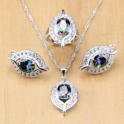 Natuurlijke Mystieke Regenboog Zirkonia 925 Zilveren Sieradensets Voor Vrouwen Bruiloft Oorbellen /Hanger /Ringen /Ketting Set 9.5 white