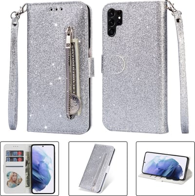 Portemonnee Hoesje - Wallet Case - Rits Sparkly Glitter - Telefoonhoes met Kord Geschikt voor: Samsung Galaxy S23 Ultra - Zilver