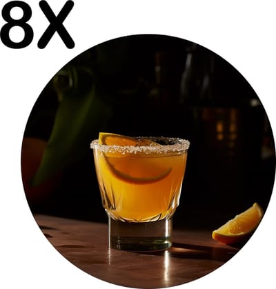 Luxe Ronde Placemat - Oranje Citrus Cocktail op de Bar - Set van 8 Placemats - 50x50 cm - 2 mm dik Vinyl - Anti Slip - Afneembaar