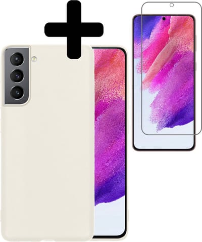 Hoesje - Met Screenprotector - Geschikt voor Samsung Galaxy S21 FE - Sterk & Shockproof - Back Cover - Siliconen Case - Telefoon Hoes - Telefoonhoesjes - Wit