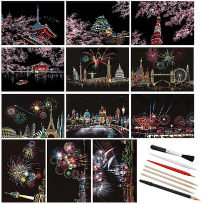 Dailygoods- Kraspapier 12-delige Set - Urban Kraspapier - Magisch Kraspapier - Stiftset - Zwart - Hoogwaardig Materiaal - Kraskaarten