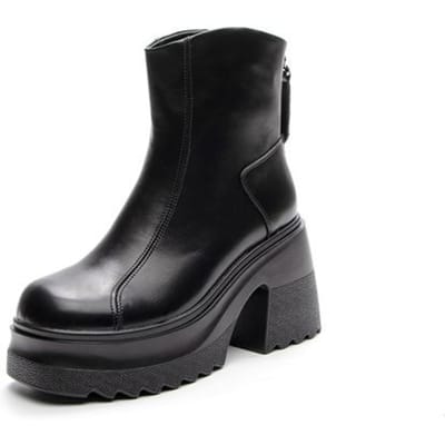 10cm Verhoging Echt Leer Dames Korte Laarzen Marton Laarzen Dikke Hak Britse Stijl Dames Casual Populaire Trendy Laarzen 34 zwart