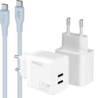 Phreeze usb C oplader 35 W - Power Delivery GaN snellader met 2 poorten + usb C kabel - S25 S24 S23 S22 en A55 A54 A53 Fold en Flip 5 6 7 - Super snelle oplader voor telefoon en tablet