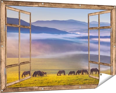 Gards Tuinposter Doorkijk Kudde Wilde Paarden in de Wei bij Heuvels - 150x100 cm - Tuindoek - Tuindecoratie - Wanddecoratie buiten - Tuinschilderij