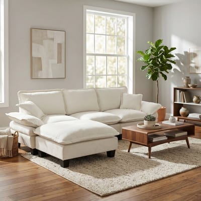 OKWISH Hoekbank 263 x 151 cm - Modulaire L-Vorm Met Verplaatsbare Ottoman En Kussens - Woonkamer - Chenille - Beige