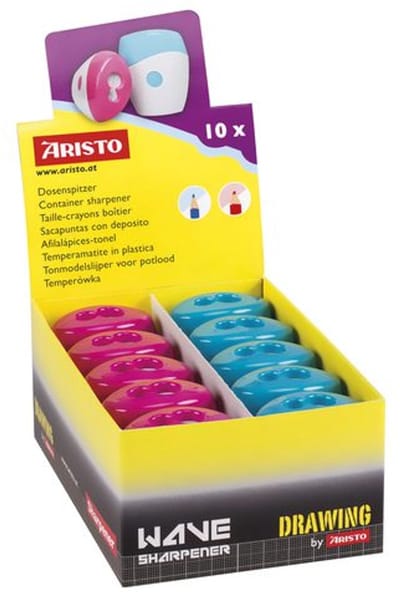 Aristo puntenslijper - Wave - display met 10 stuks - blauw en roze - dubbelgaats - AR-VD87677