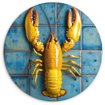 WallCircle® Wandcirkel 120x120 cm - Muurcirkel Kreeft - Geel - Blauw - Tegels - Muurdecoratie woonkamer - Wanddecoratie slaapkamer - Kamer decoratie accessoires - Ronde schilderijen XXL