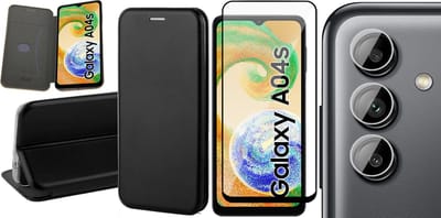 Hoesje geschikt voor Samsung Galaxy A04s / A13 5G - Screenprotector FullGuard & Camera Lens Screen Protector - Book Case Kunstleer ThinShield Zwart