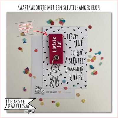 Kaartkadootje -> Sleutelhanger Juf & Meester, Schooljaar - No:01 (Jij bent de sleutel naar mijn succes! Liefste juf-Roze) - LeuksteKaartjes.nl by xMar