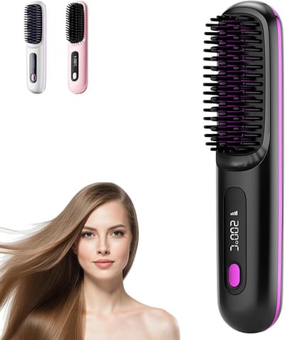 Draadloze Strijkborstel – Oplaadbare Draagbare Verwarmingsborstel met LED-display – Snelle Opwarming – Verwarmingsborstel voor Haarstyling – Geschikt voor Reizen en Dagelijks Gebruik – (Zwart)