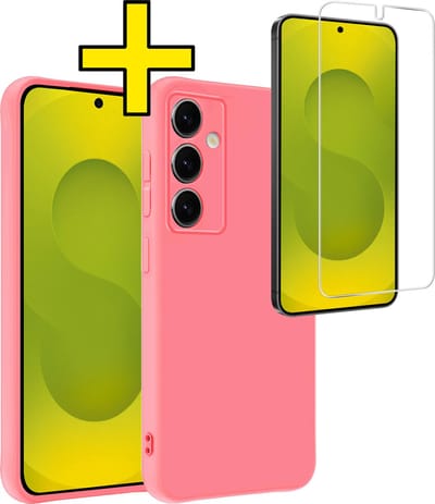 Hoesje - Met Screenprotector - Geschikt voor Samsung Galaxy S25 - Sterk & Shockproof - Back Cover - Siliconen Case - Telefoon Hoes - Telefoonhoesjes - Licht Roze