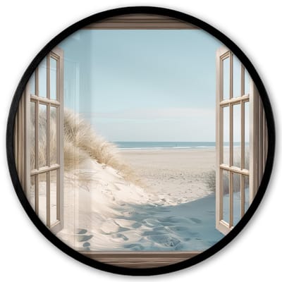 Poster in lijst Rond - Fotolijst 40x40 cm - Posters - Doorkijk - Helmgras - Duinen - Zee - Landschap - Ronde posterlijst zwart - Decoratie - Wanddecoratie woonkamer - Muurdecoratie slaapkamer