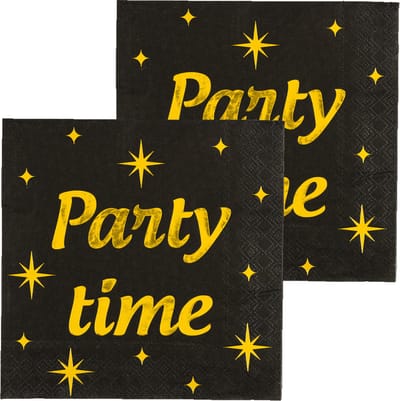 Paperdreams Verjaardag feest servetten - Party Time - 32x stuks - zwart/goud - 33 x 33 cm