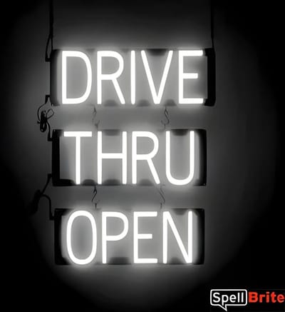DRIVE THRU OPEN - Lichtreclame Neon LED bord verlicht | SpellBrite | 46 x 60 cm | 6 Dimstanden - 8 Lichtanimaties | Reclamebord neon verlichting