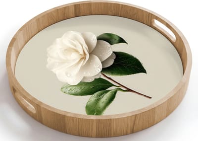 Dienblad rond 40x40 cm - Schootdienblad hout - Cameliabloem - Wit - Groen - Borrelplank rechthoek - Plateau houten dienbladen