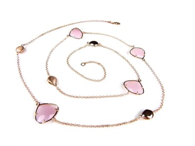 Zilveren halsketting collier halssnoer roos goud verguld Model Triangel gezet met roze stenen
