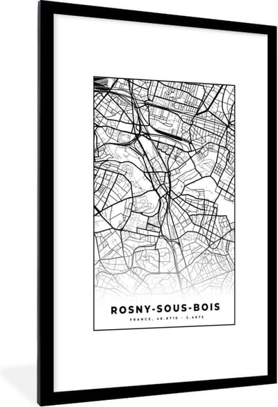 Fotolijst incl. Poster Zwart Wit- Kaart - Plattegrond - Rosny-sous-Bois - Frankrijk - Stadskaart - Zwart wit - 80x120 cm - Posterlijst
