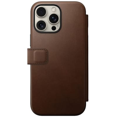 Nomad Hoesje Geschikt voor Apple iPhone 16 Pro Max | Modern Leather Folio | Compatibel met MagSafe en Draadloos Opladen | Book Case met Pasjeshouder | Echt Leer - Bruin