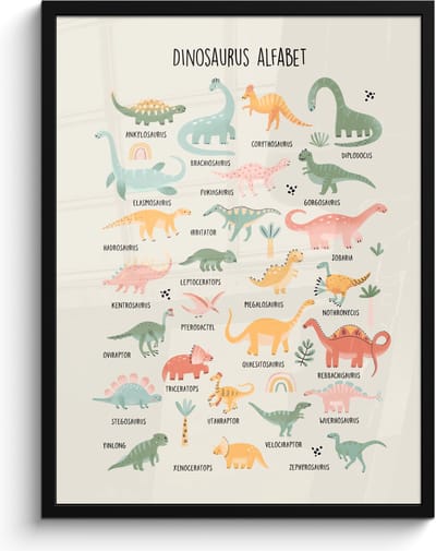 Poster in lijst - Fotolijst 60x80 cm - Posters - Dinosaurus alfabet - Leren voor kinderen - Dino's - Educatief - Posterlijst zwart - Kamer decoratie - Wanddecoratie kinderkamer - Muurdecoratie babykamer