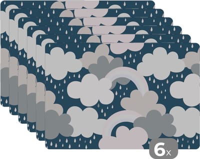 Placemat - Placemats kunststof - Regenboog - Wolk - Regen - Kinderen - Patronen - 45x30 cm - 6 stuks - Hittebestendig - Anti-Slip - Onderlegger - Afneembaar