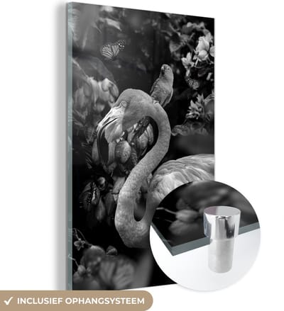 MuchoWow® Glasschilderij 40x60 cm - Schilderij acrylglas - Flamingo en een vogel in de jungle - zwart wit - Foto op glas - Schilderijen