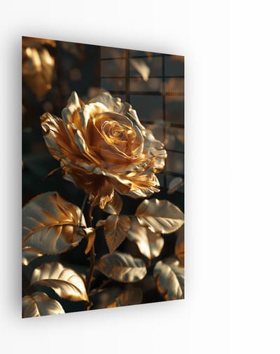 Indoorart - Glasschilderij Gouden Roos 40x60 CM - Afbeelding op plexiglas - Inclusief montagemateriaal