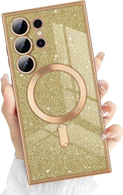 Hoesje Geschikt Voor Samsung Galaxy S24 Ultra Magsafe hoesje Goud- Lens beschermer glitter backcover