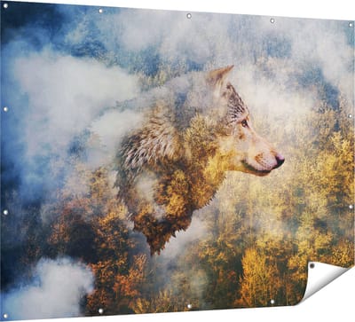 Gards Tuinposter Wolvenkop op een Herfstbos - Wolf - Abstract - 160x120 cm - Tuindoek - Tuindecoratie - Wanddecoratie buiten - Tuinschilderij