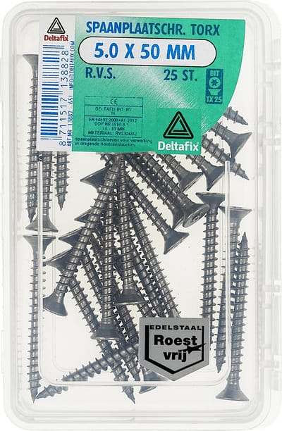 Deltafix spaanplaatschroef platkop / torx r.v.s. a2 5.0 x 50 mm 25 st.