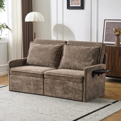 Komhtom Slaapbank met kussens - USB - Chenille - 3-in-1 bank met verstelbare rugleuning en opbergruimte - Bruin