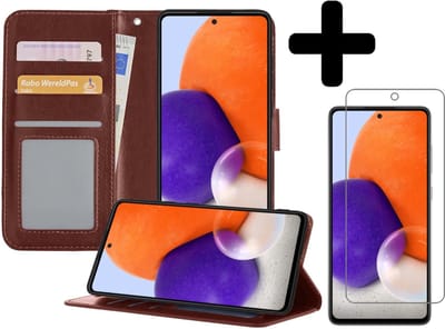 Hoesje - Met Screenprotector - Geschikt voor Samsung Galaxy A72 5G - Luxe Pasjeshouder - Bookcase Portemonee - Flip Case - Kunstleer Book Case - Flipcase - Book Cover - Walletcase - Portemonneehoes - Telefoonhoesjes - Bruin