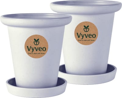 Vyveo - Bloempot Skara met onderzetter - Set van 2 - 13x13 - Lichtgrijs - Bloempot voor binnen en buiten - Lichtgewicht - Breukbestendig - Vorstbestendig - UV-bestendig