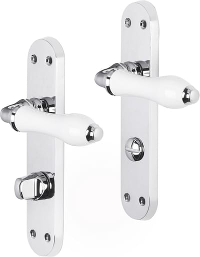 Deurkruk - Impresso Perth - Voor binnen - Ovaal deurschild met schroeven en toiletsluiting - Chroom - Wit - 2 stuks
