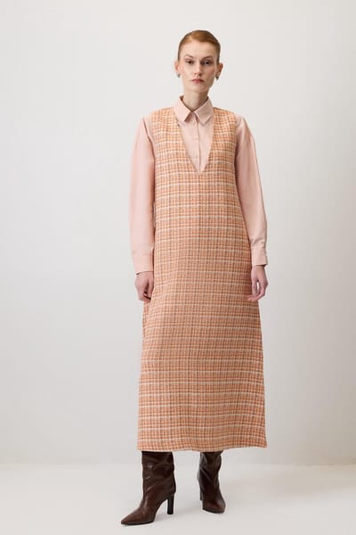 Touché Privé - Geruite tweed overgooi-jurk met V-hals - Oranje - Dames