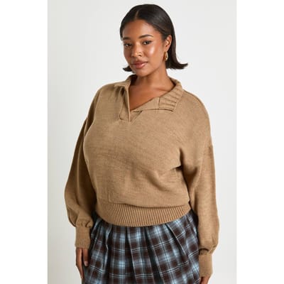 boohoo Dames Plus gebreide trui met geribbelde zoom en kraag | Taupe | Maat: 56