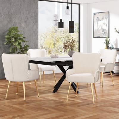 Sweiko Fluwelen Eetkamerstoelen, 4-sets, Met Vier Gouden Metalen Poten,Armleuningen en verstelbare voeten, lendensteun,Beige, luxe, woonkamer, slaapkamer, vrijetijdsstoelen (Geen tafel)