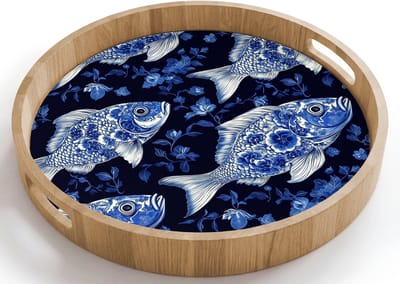 Dienblad rond 40x40 cm - Schootdienblad hout - Vissen - Bloemen - Blauw - Borrelplank rechthoek - Plateau houten dienbladen